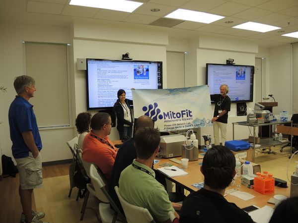 Verena Laner and Erich Gnaiger with the MitoFit banner: A welcome for P. Darrell Neufer and David A. Brown as a Power-O2k Network Lab